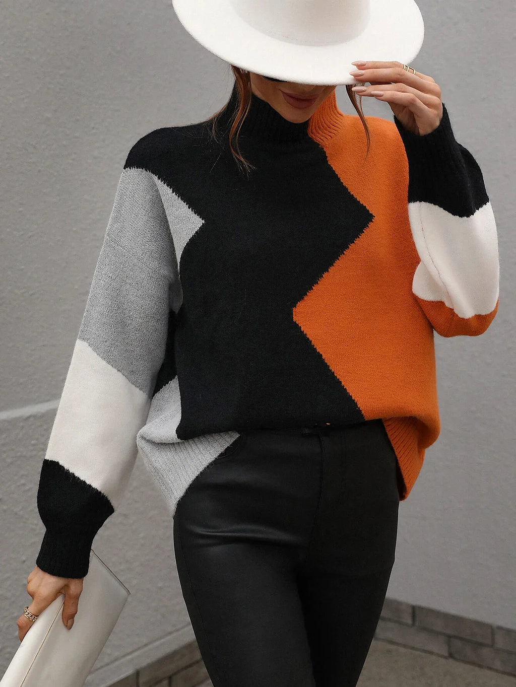 Geometric Color-Block Turtleneck Jumper
