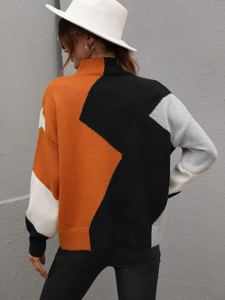 Geometric Color-Block Turtleneck Jumper
