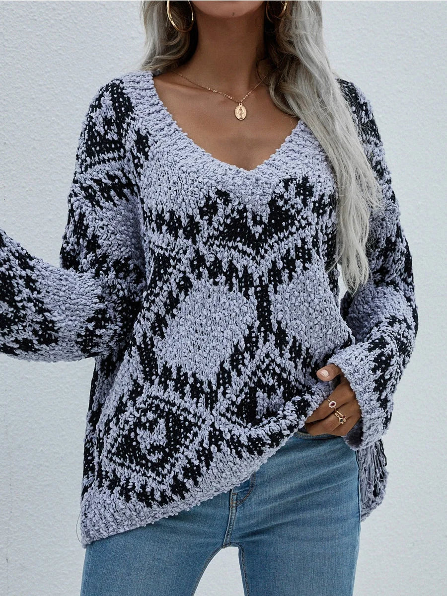 Geometric Pattern Lantern Sleeve Sweater